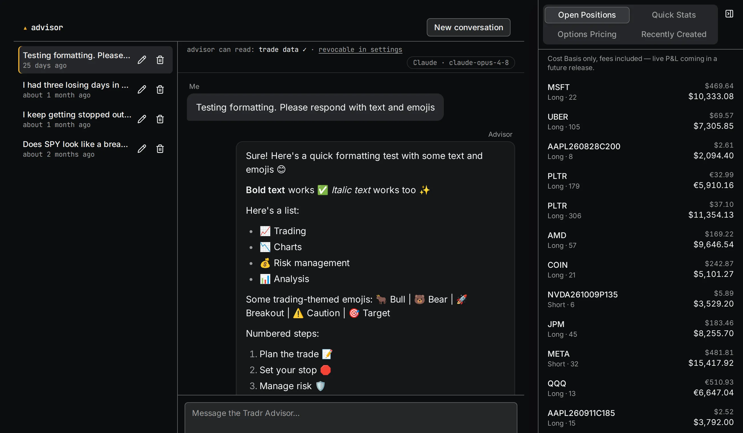 The Tradr advisor: a conversation pane with the access strip stating what the advisor can read